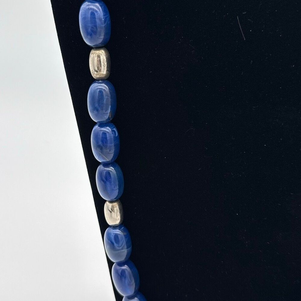 Vintage 31” Cobalt Blue Lucite Bead Necklace Silver Tone Spacers Long Strand